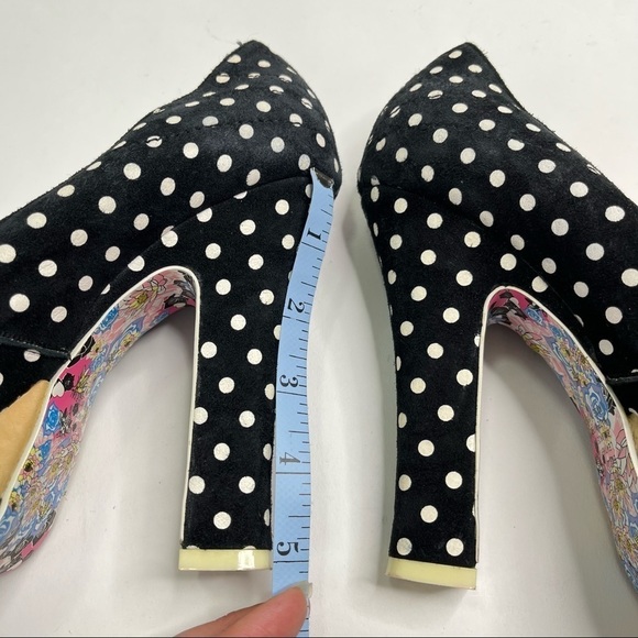IRREGULAR Choice Black White Velvet Retro Pin-up Polka Dot Peeptoe Platform Heel - Picture 13 of 15